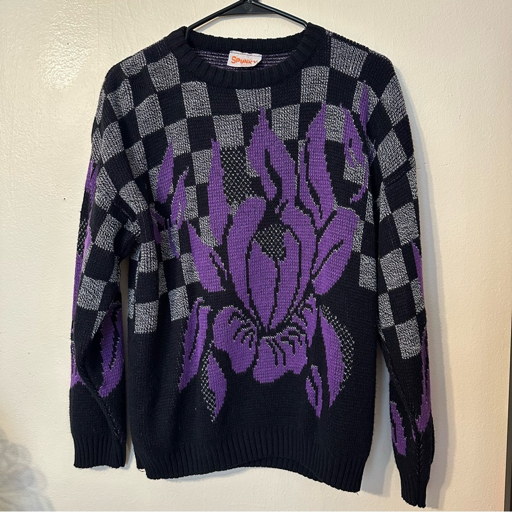 Vintage Spunky Black and Purple Floral Checkered Sweater